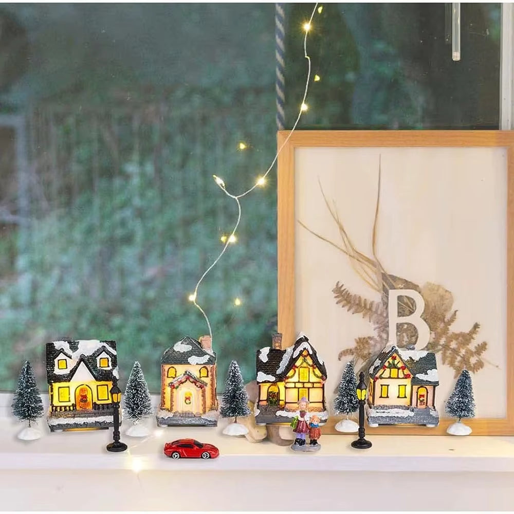 Christmas Village Houses Sets with LED Light, Christmas Town Scene Collection Figurines Building Sets Christmas Indoor Decor