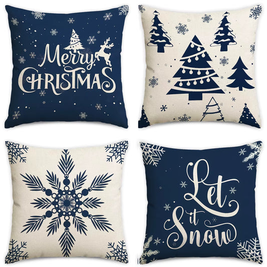 4Pcs Christmas Pillow Cover, Christmas Decoration Snowflakes, Christmas Tree, Decorative Pillowcase (Without Pillow Core)
