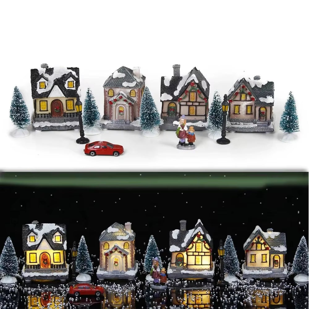 Christmas Village Houses Sets with LED Light, Christmas Town Scene Collection Figurines Building Sets Christmas Indoor Decor