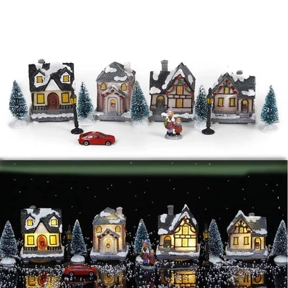Christmas Village Houses Sets with LED Light, Christmas Town Scene Collection Figurines Building Sets Christmas Indoor Decor