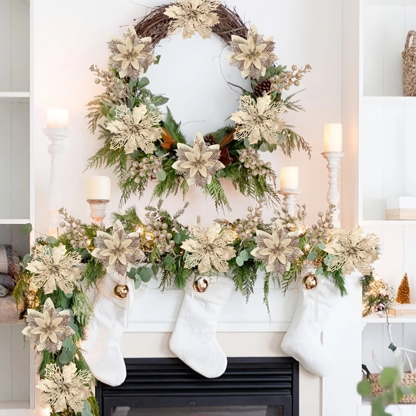 18pcs SERRA FLORA Champagne Christmas Potted Artificial Flowers and Glitter Berry Stems Set for Christmas Tree Home Wedding