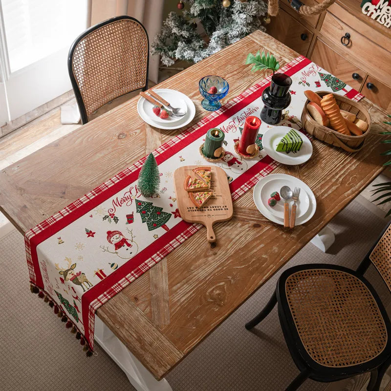Christmas Chenille Tassel Table Runner,Cotton Linen Thicken Fabric Table Decoration,Dining Room Restaurant Modern Decor Supplies