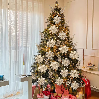 18pcs SERRA FLORA Champagne Christmas Potted Artificial Flowers and Glitter Berry Stems Set for Christmas Tree Home Wedding