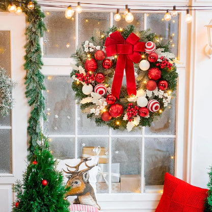 24 In Pre-Lit Christmas Wreath Battery Operated Lighted Xmas Door Wreath With Ball Ornaments For Christmas Door Fireplace Decor