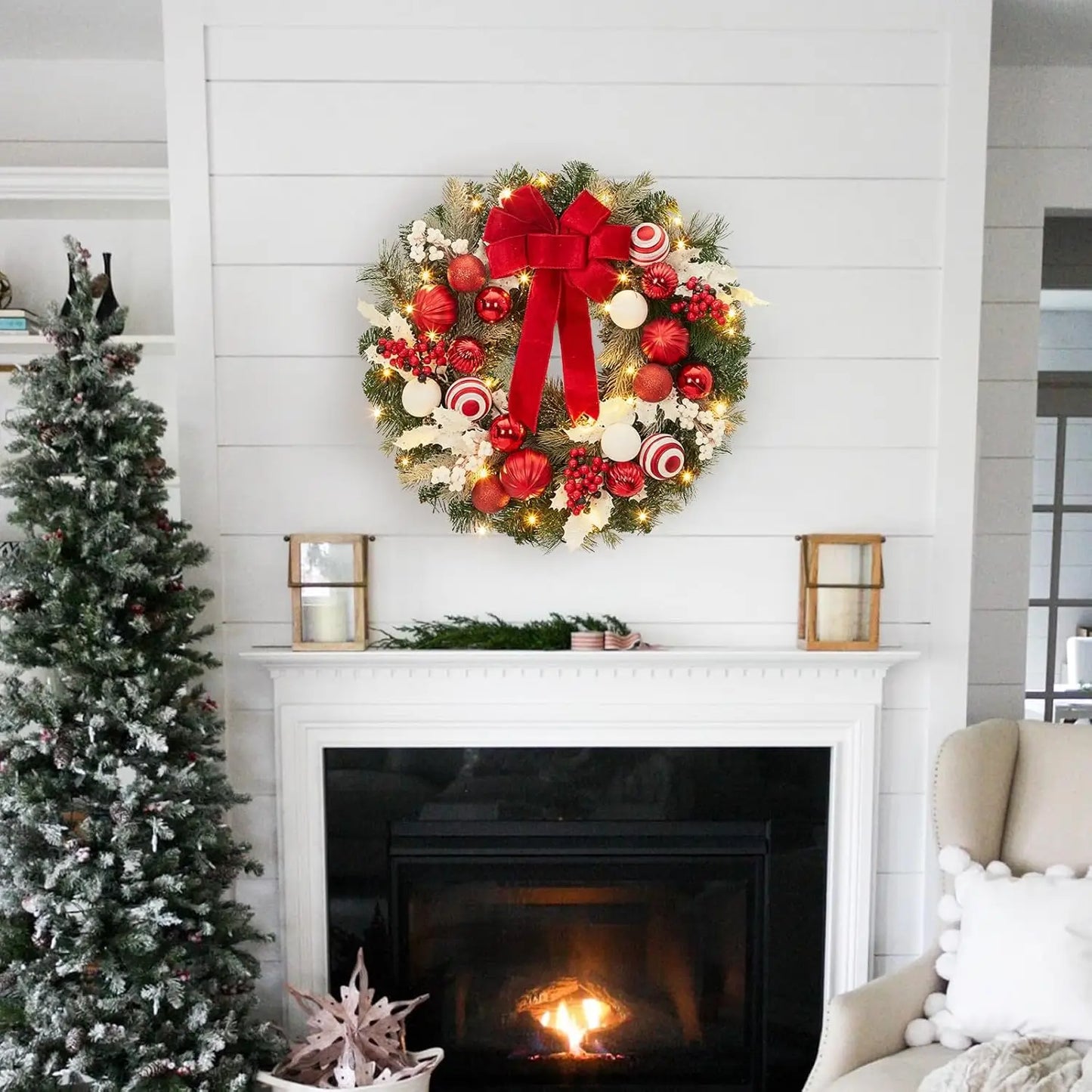 24 In Pre-Lit Christmas Wreath Battery Operated Lighted Xmas Door Wreath With Ball Ornaments For Christmas Door Fireplace Decor
