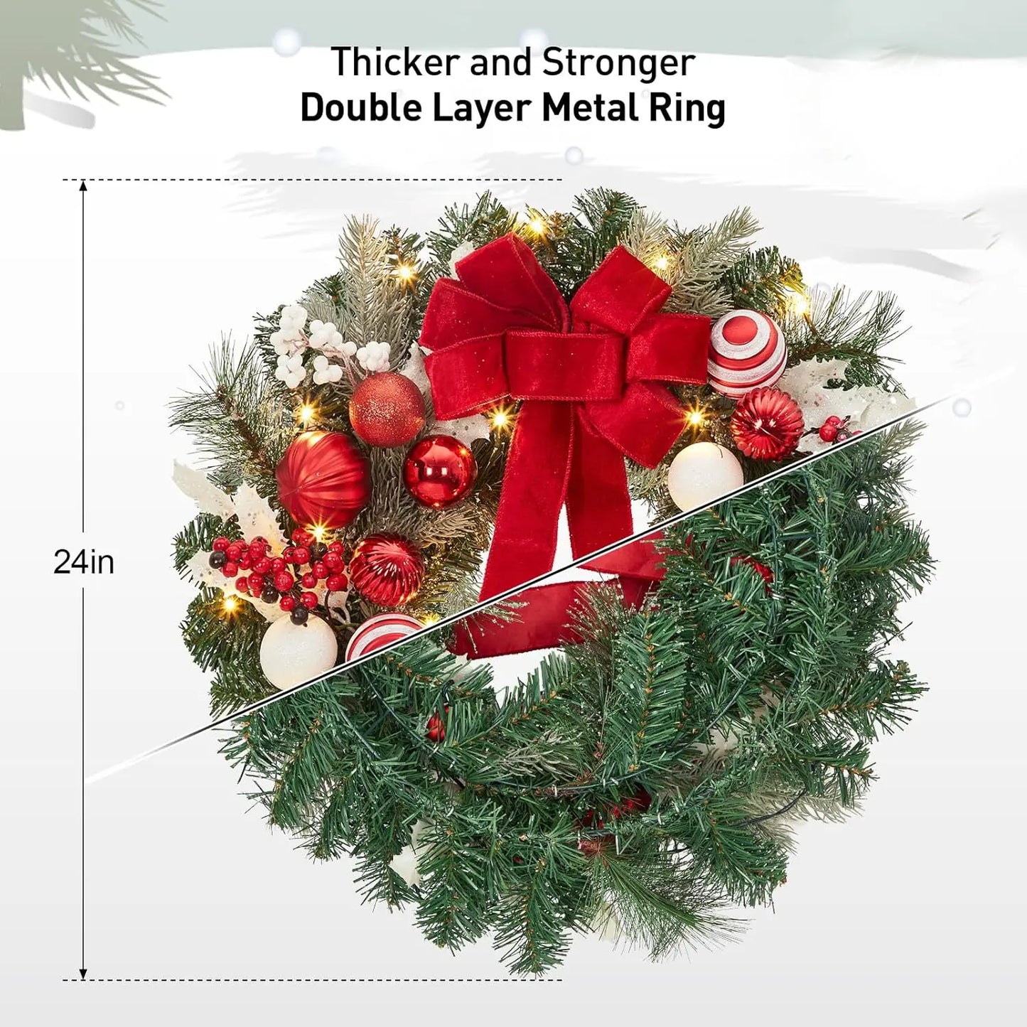 24 In Pre-Lit Christmas Wreath Battery Operated Lighted Xmas Door Wreath With Ball Ornaments For Christmas Door Fireplace Decor