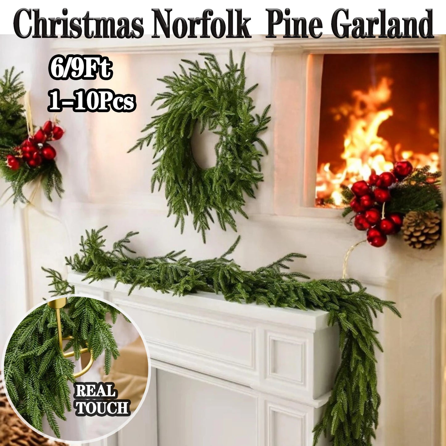 6/9 Ft Christmas Norfolk Pine Garland Real Touch Artificial Greenery Wreath Bulk for Holiday Fireplace Table  Indoor Home Decor