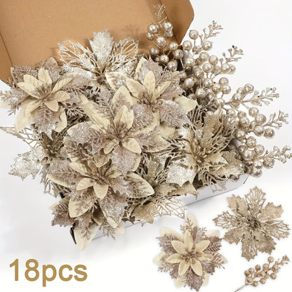 18pcs SERRA FLORA Champagne Christmas Potted Artificial Flowers and Glitter Berry Stems Set for Christmas Tree Home Wedding