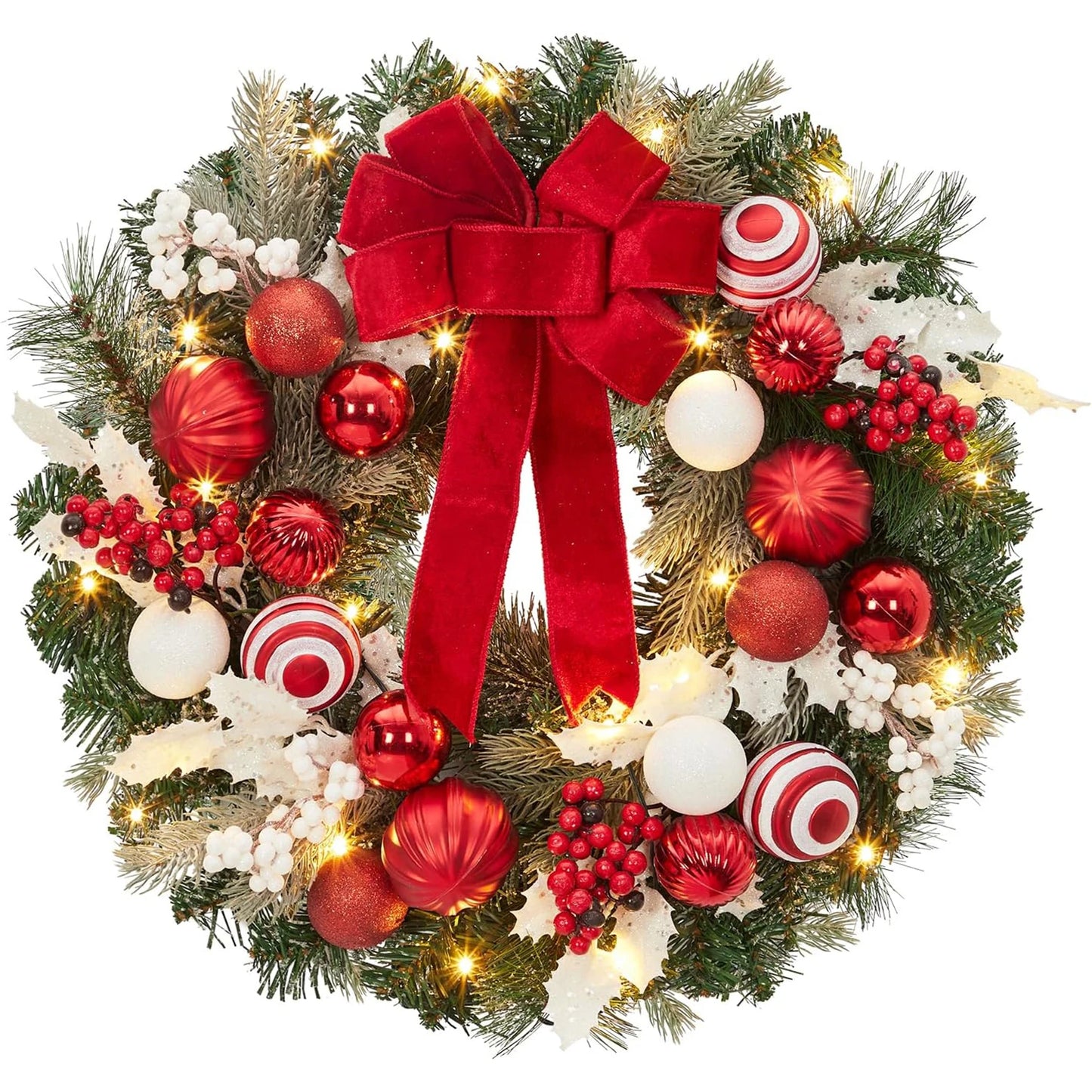 24 In Pre-Lit Christmas Wreath Battery Operated Lighted Xmas Door Wreath With Ball Ornaments For Christmas Door Fireplace Decor