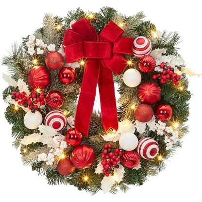 24 In Pre-Lit Christmas Wreath Battery Operated Lighted Xmas Door Wreath With Ball Ornaments For Christmas Door Fireplace Decor