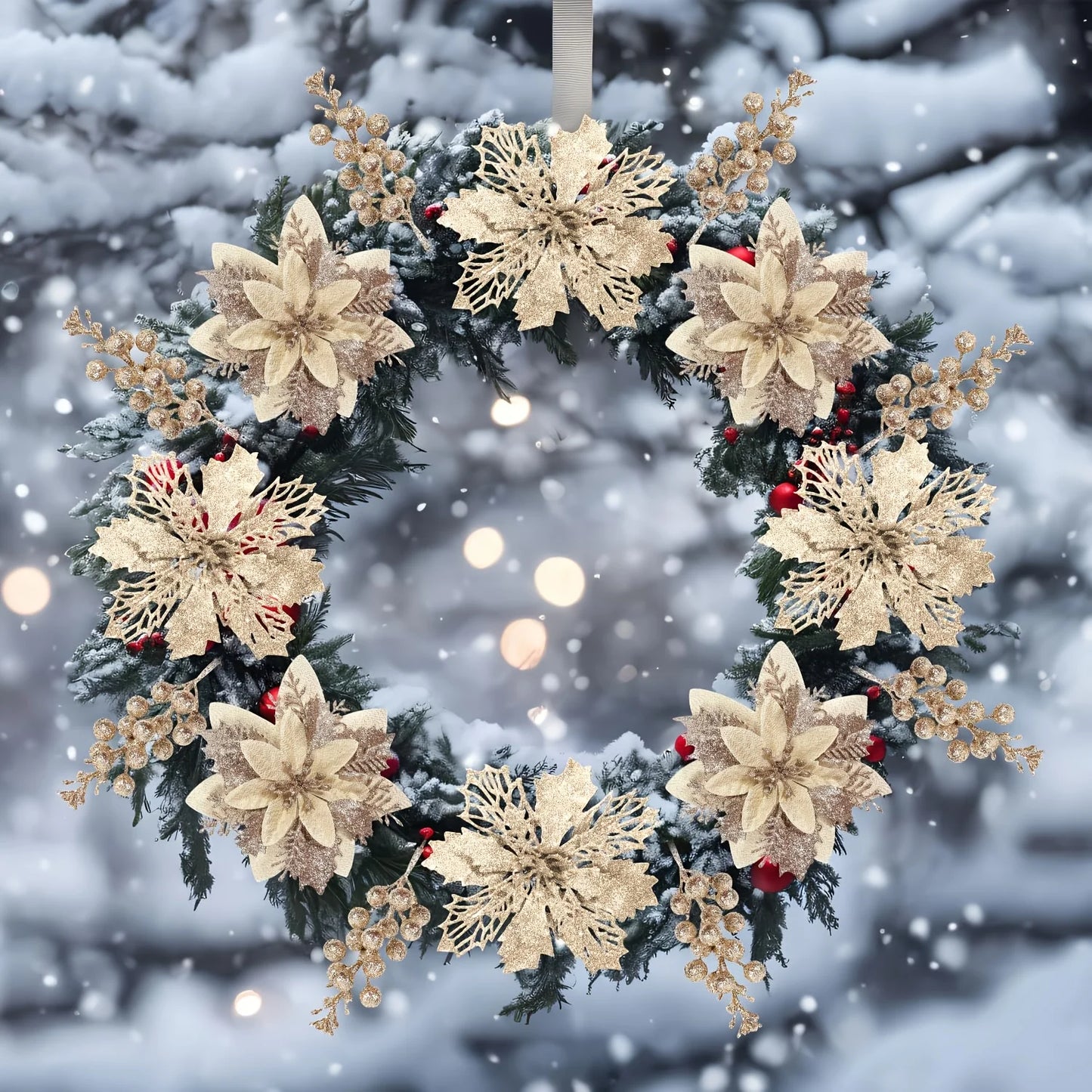 18pcs SERRA FLORA Champagne Christmas Potted Artificial Flowers and Glitter Berry Stems Set for Christmas Tree Home Wedding