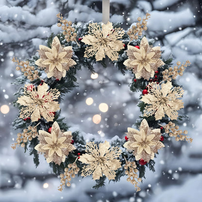 18pcs SERRA FLORA Champagne Christmas Potted Artificial Flowers and Glitter Berry Stems Set for Christmas Tree Home Wedding