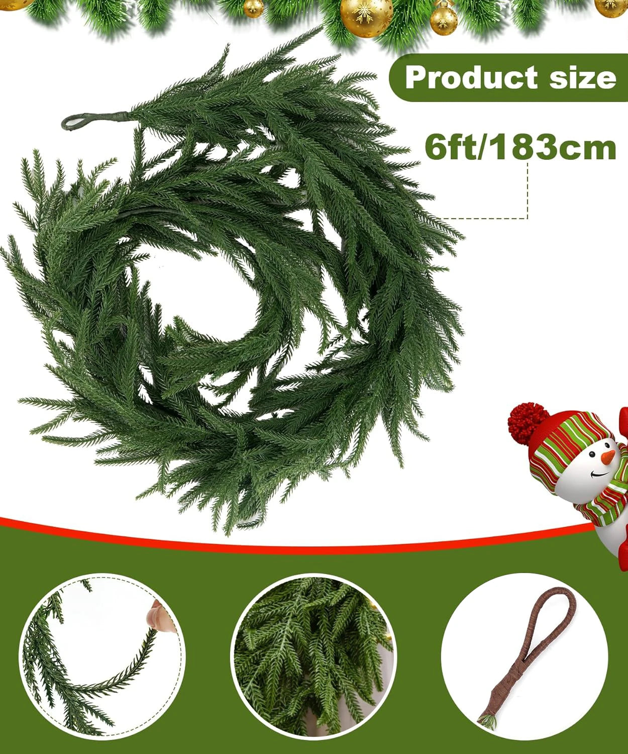 6/9 Ft Christmas Norfolk Pine Garland Real Touch Artificial Greenery Wreath Bulk for Holiday Fireplace Table  Indoor Home Decor
