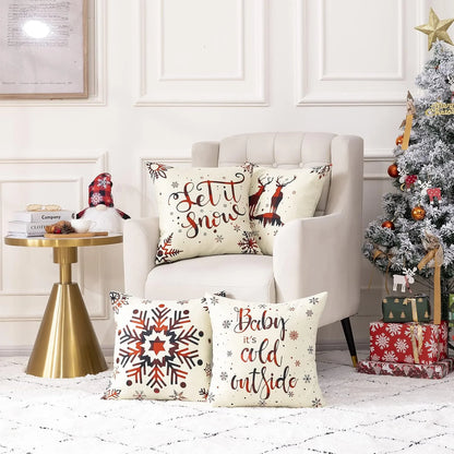 4 Pack Christmas Pillow Covers 18X18 Inch Linen Holiday Decorative Throw Pillow Covers for Sofa, Couch, Outdoor, Farmhouse and Home Christmas Decor
