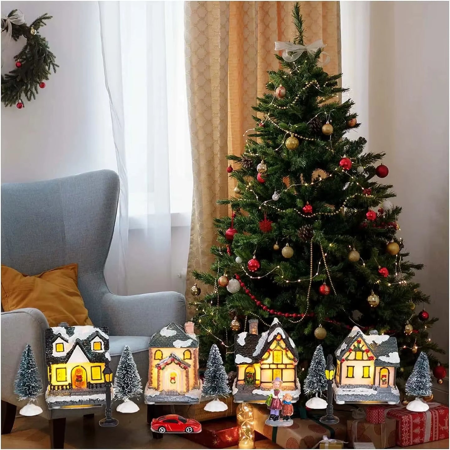 Christmas Village Houses Sets with LED Light, Christmas Town Scene Collection Figurines Building Sets Christmas Indoor Decor